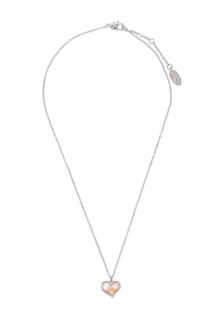 Vivienne Westwood womens necklace gold featuring a delicate silver chain with a pink enamel heart pendant and gold-tone logo