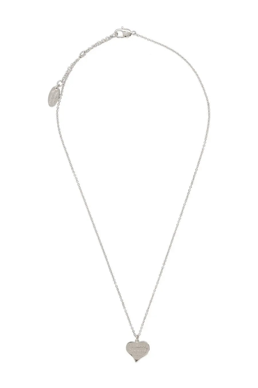 Silver heart-shaped pendant necklace with delicate chain and small tag by Vivienne Westwood women’s necklace gold collection