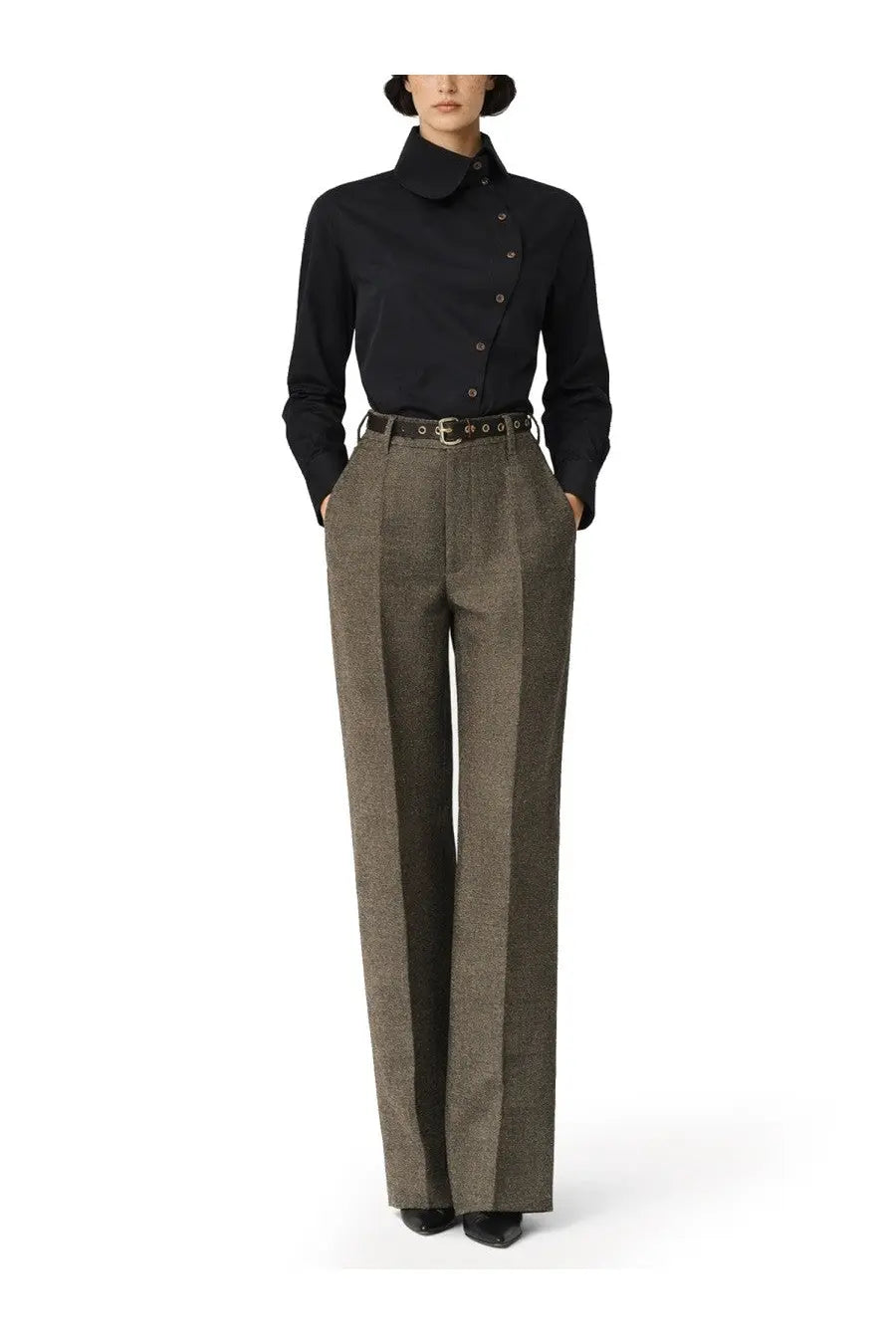 Vivienne Westwood women’s nice shirt black button-down with high collar and long sleeves paired with brown trousers
