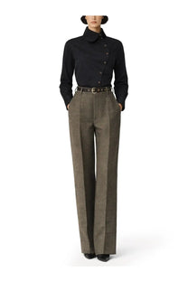 Vivienne Westwood women’s nice shirt black button-down with high collar and long sleeves paired with brown trousers