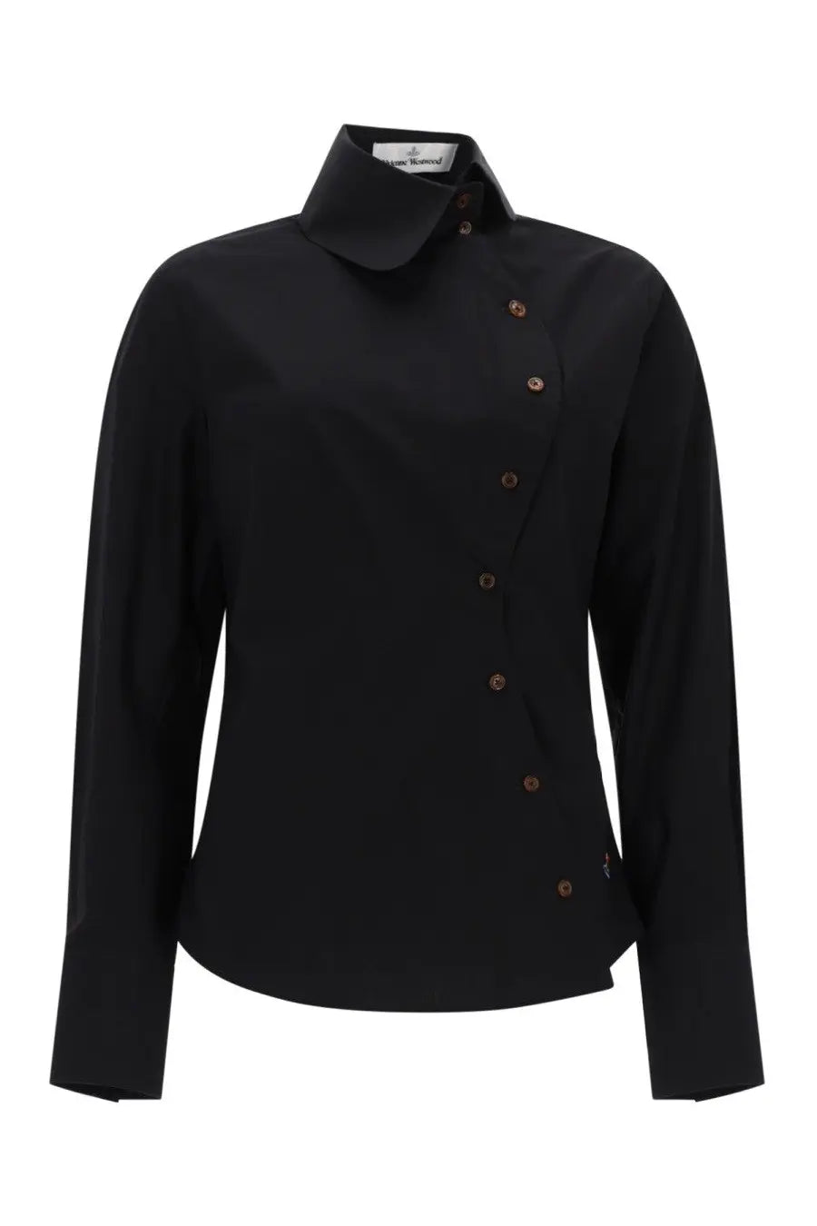 Vivienne Westwood women’s nice shirt black long-sleeved with stand-up collar and diagonal brown button closure