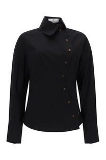 Vivienne Westwood women’s nice shirt black long-sleeved with stand-up collar and diagonal brown button closure