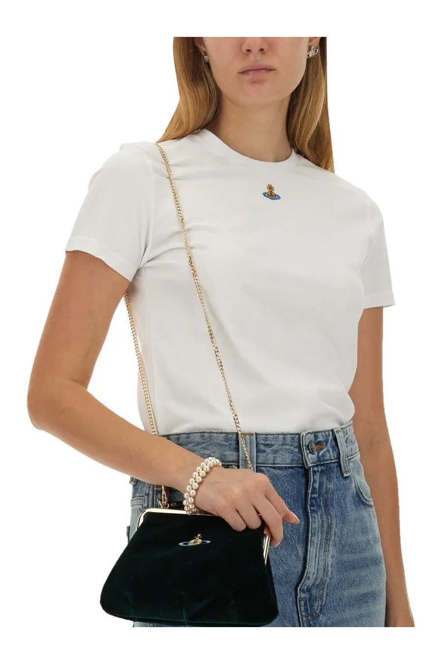 Black velvet clutch with gold-tone chain strap and vivienne westwood logo clasp for women