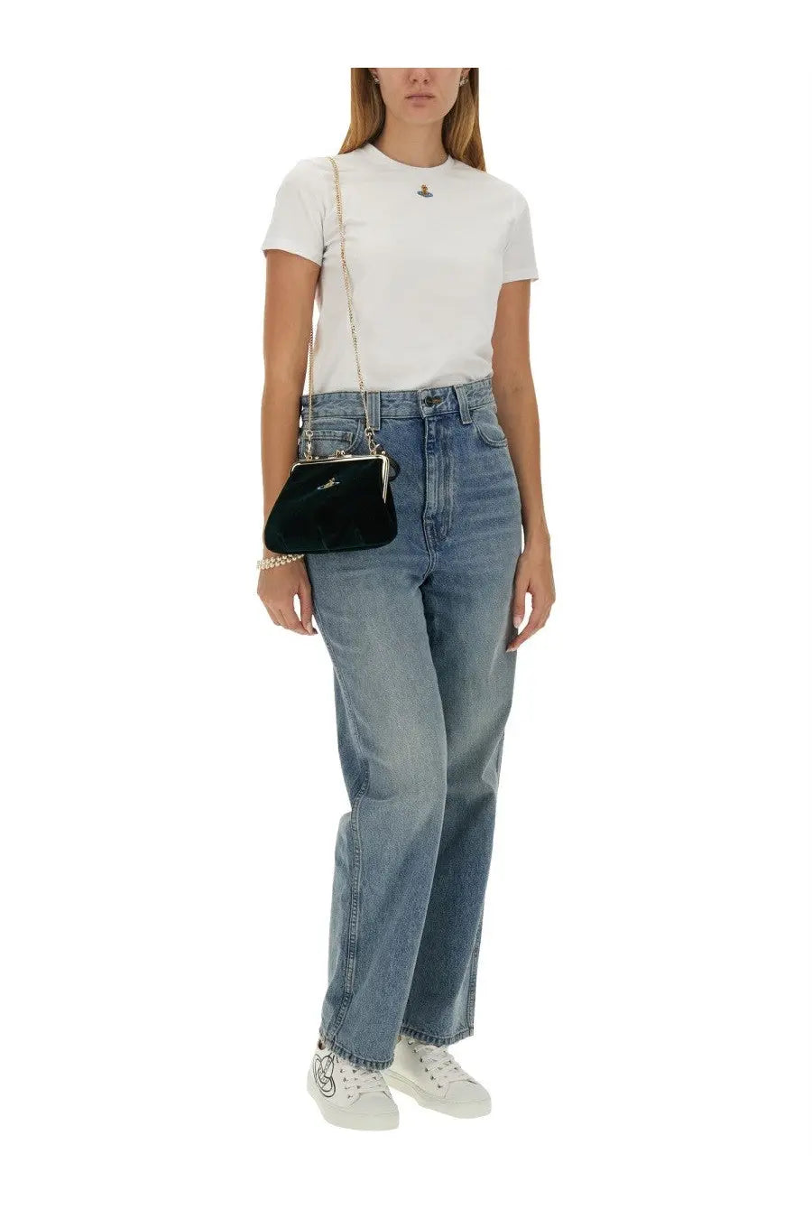 Black velvet clutch with gold tone chain strap and clasp complementing vivienne westwood women’s orb peru shirt white