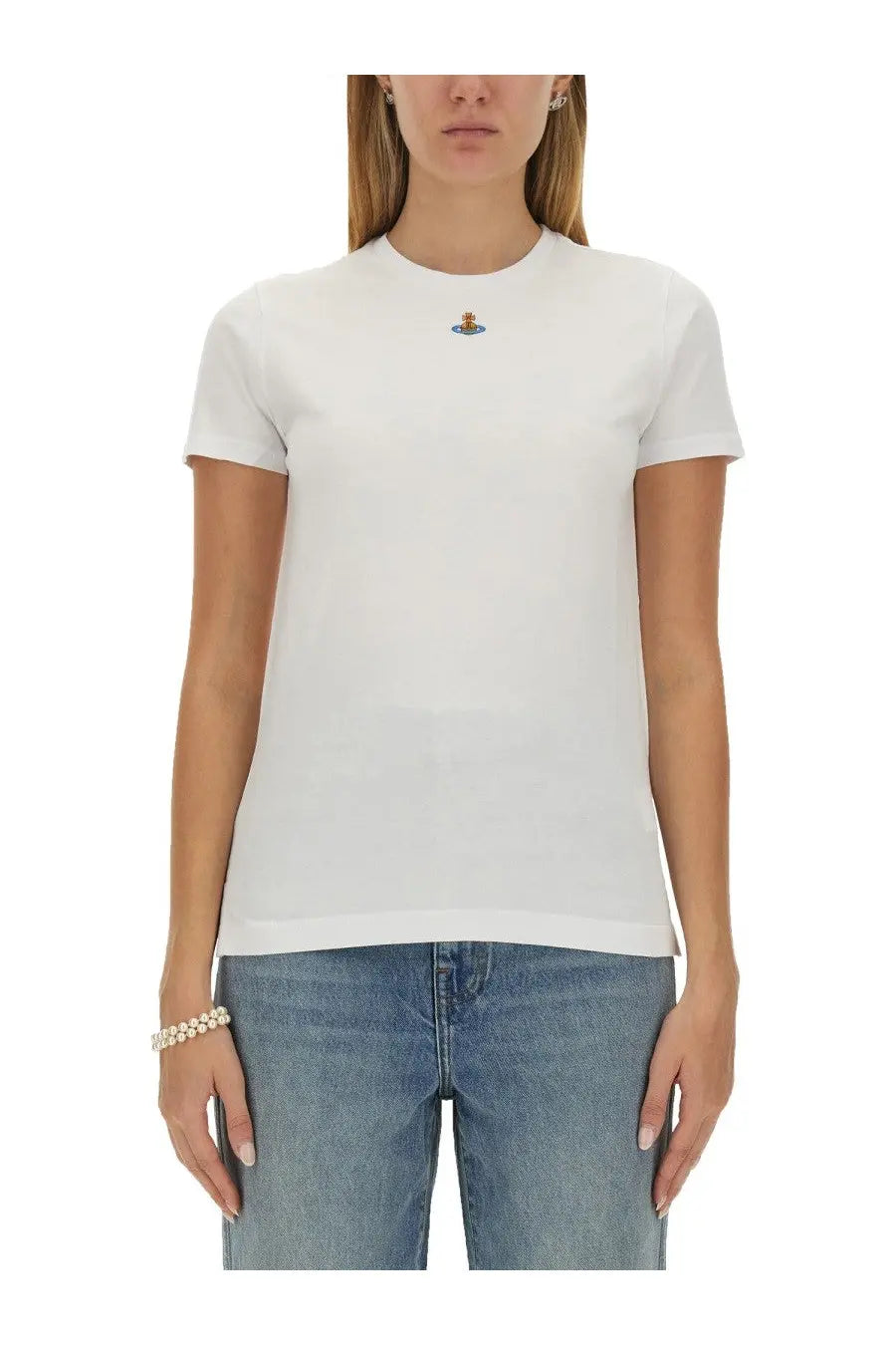 White short-sleeved cotton t-shirt with small embroidered orb logo at neckline by Vivienne Westwood women