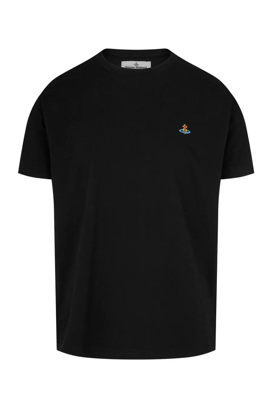 Vivienne Westwood women’s black short-sleeved cotton t-shirt with small embroidered orb logo on the left chest
