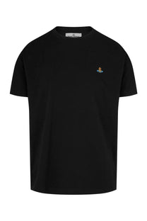 Vivienne Westwood women’s black short-sleeved cotton t-shirt with small embroidered orb logo on the left chest