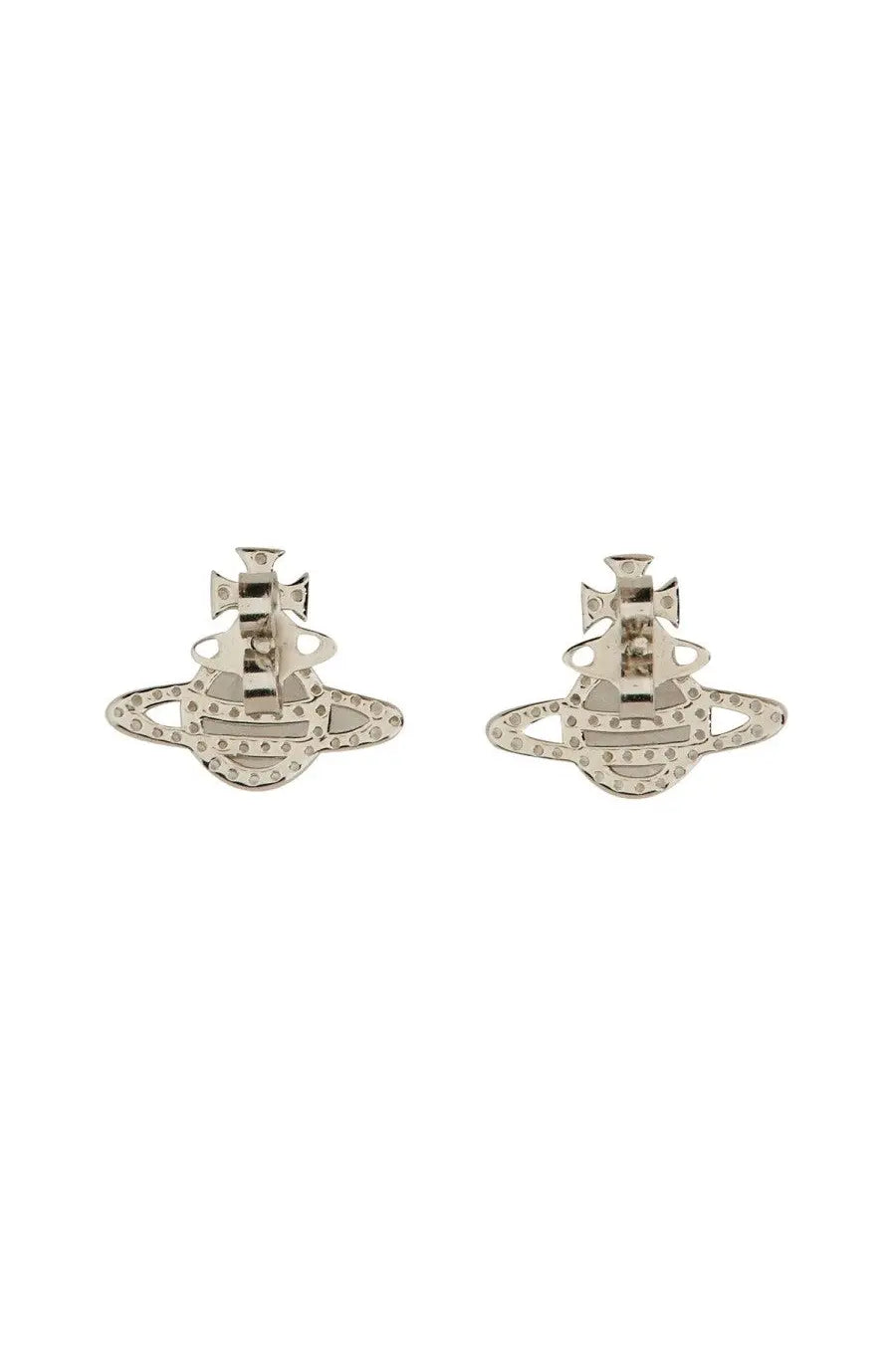 Vivienne westwood women’s silver stud earrings featuring a planet with rings design adorned with small clear stones