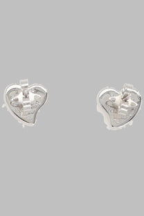 Vivienne Westwood women’s silver heart-shaped stud earrings with polished metallic finish and engraved detailing