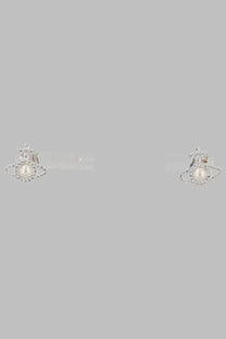 Vivienne Westwood women’s silver stud earrings with central pearl and crystal halo in Saturn motif design