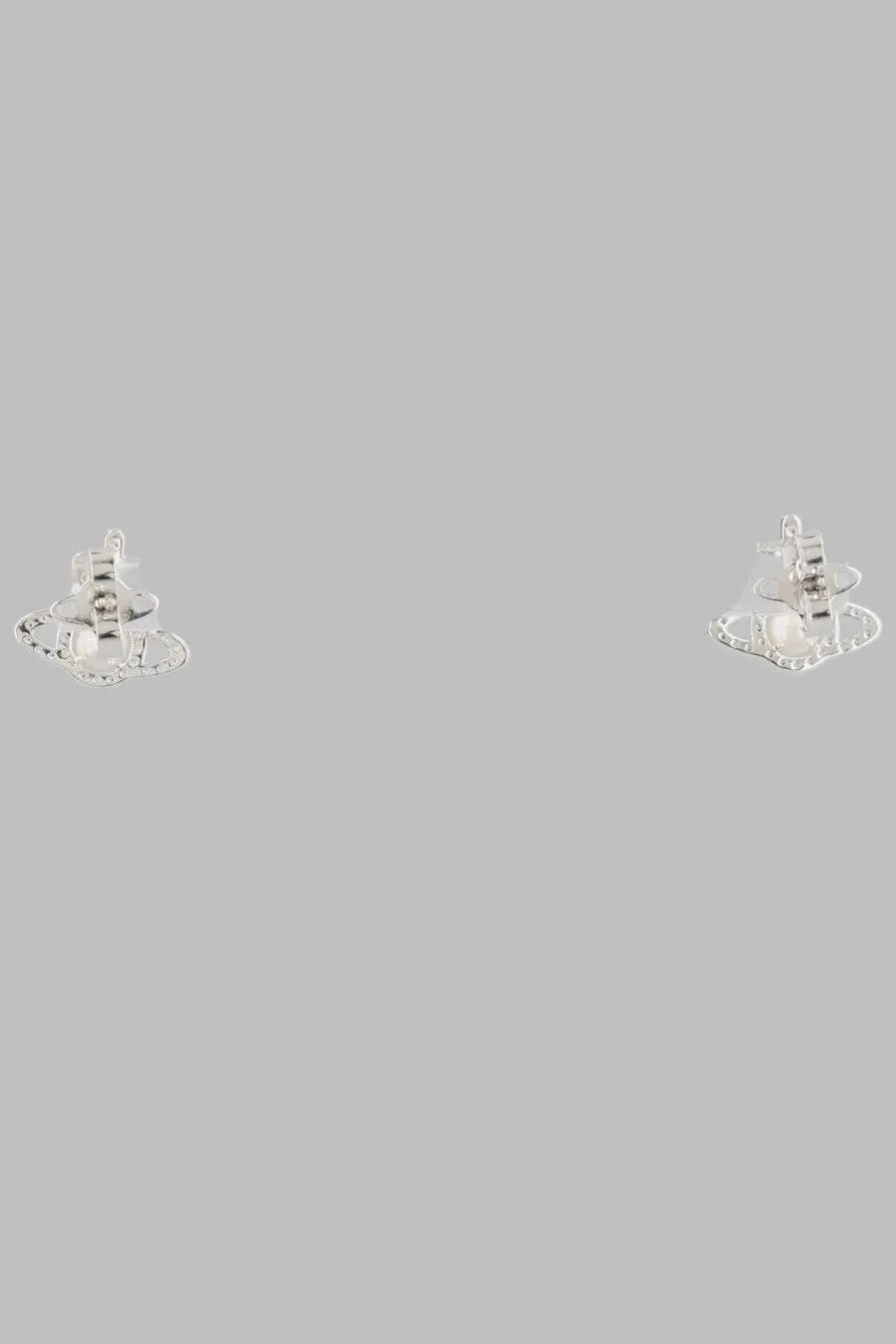 Vivienne Westwood silver stud earrings featuring a celestial design with a central pearl and intricate orbital detailing