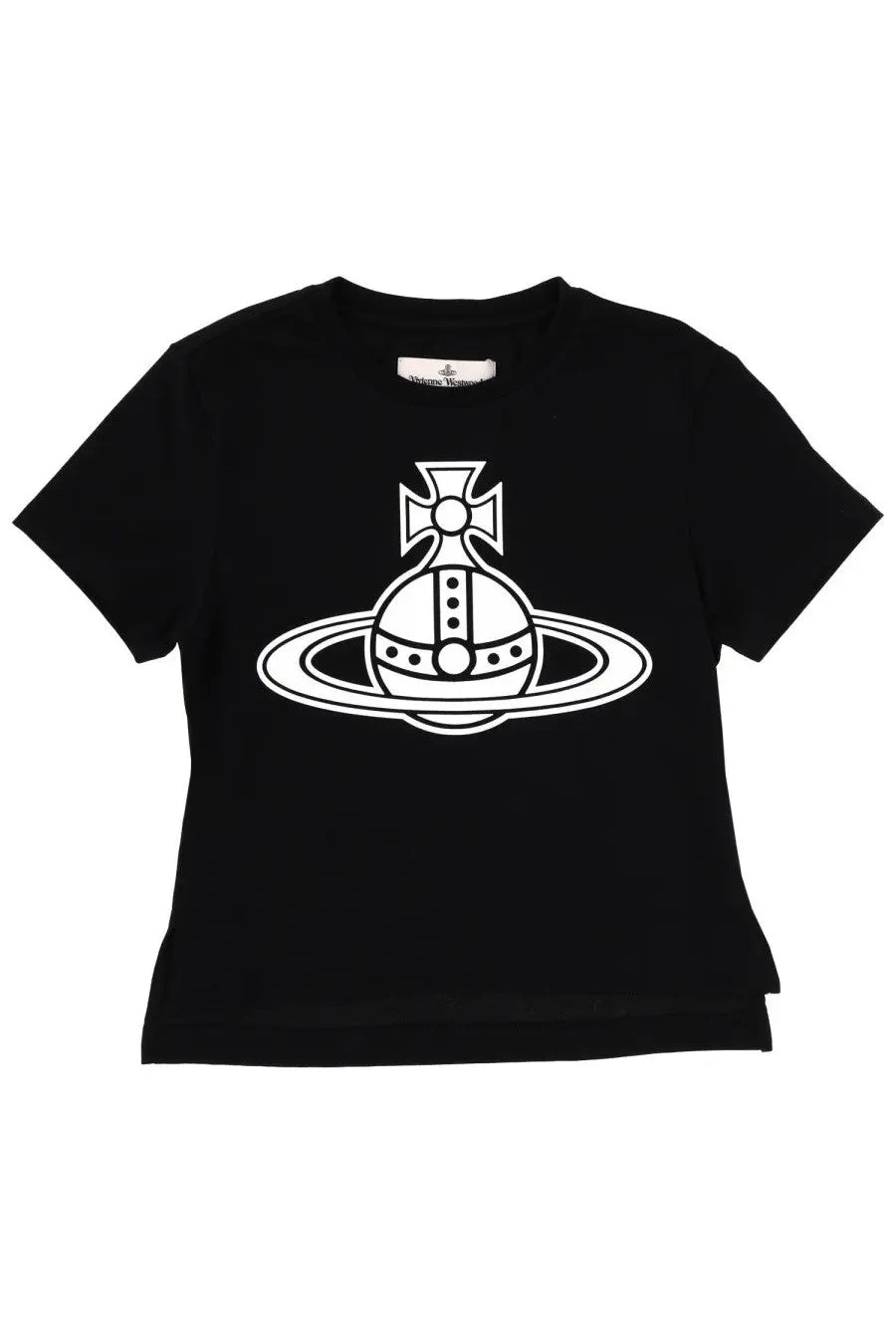 Vivienne Westwood women’s black short-sleeved t-shirt with bold white Paris orb graphic logo on front