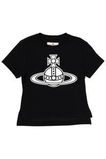 Vivienne Westwood women’s black short-sleeved t-shirt with bold white Paris orb graphic logo on front