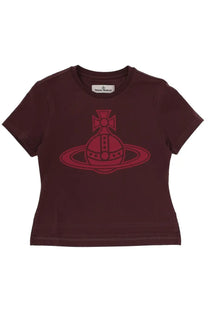 A maroon short-sleeved Vivienne Westwood women’s shirt with a bold red Paris Orb logo print on the front