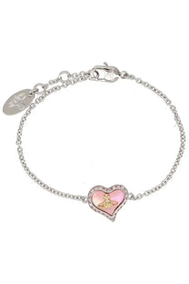 Vivienne Westwood women’s Petra bracelet silver chain with pink heart pendant and gold orb logo surrounded by stones
