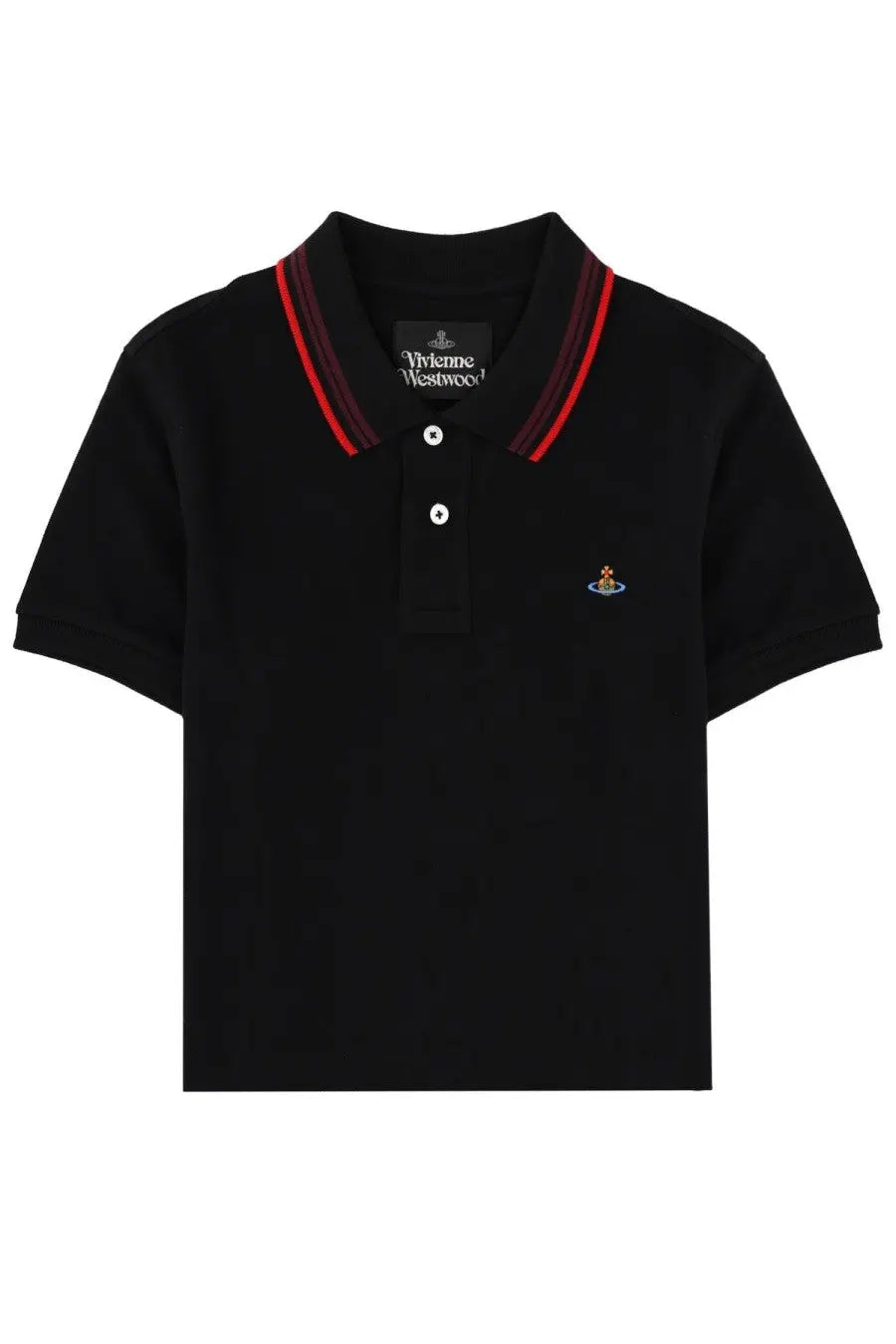 Vivienne Westwood women’s polo black with red and navy trim on collar and white buttons, classic cotton fabric