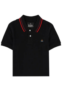 Vivienne Westwood women’s polo black with red and navy trim on collar and white buttons, classic cotton fabric