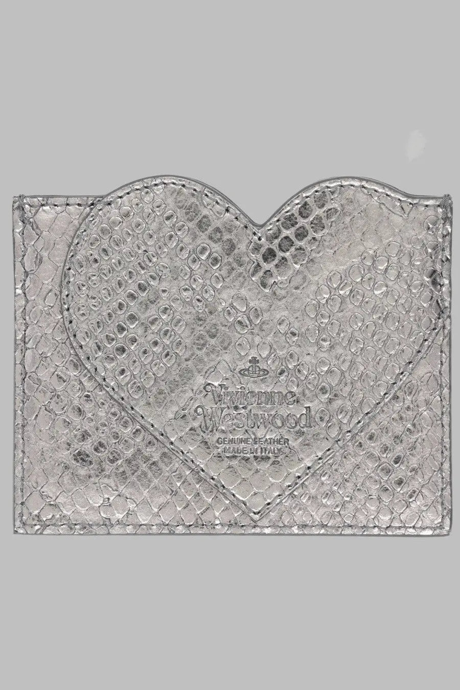 Silver heart-shaped genuine leather card holder with snakeskin texture and embossed Vivienne Westwood branding gray