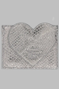 Silver heart-shaped genuine leather card holder with snakeskin texture and embossed Vivienne Westwood branding gray