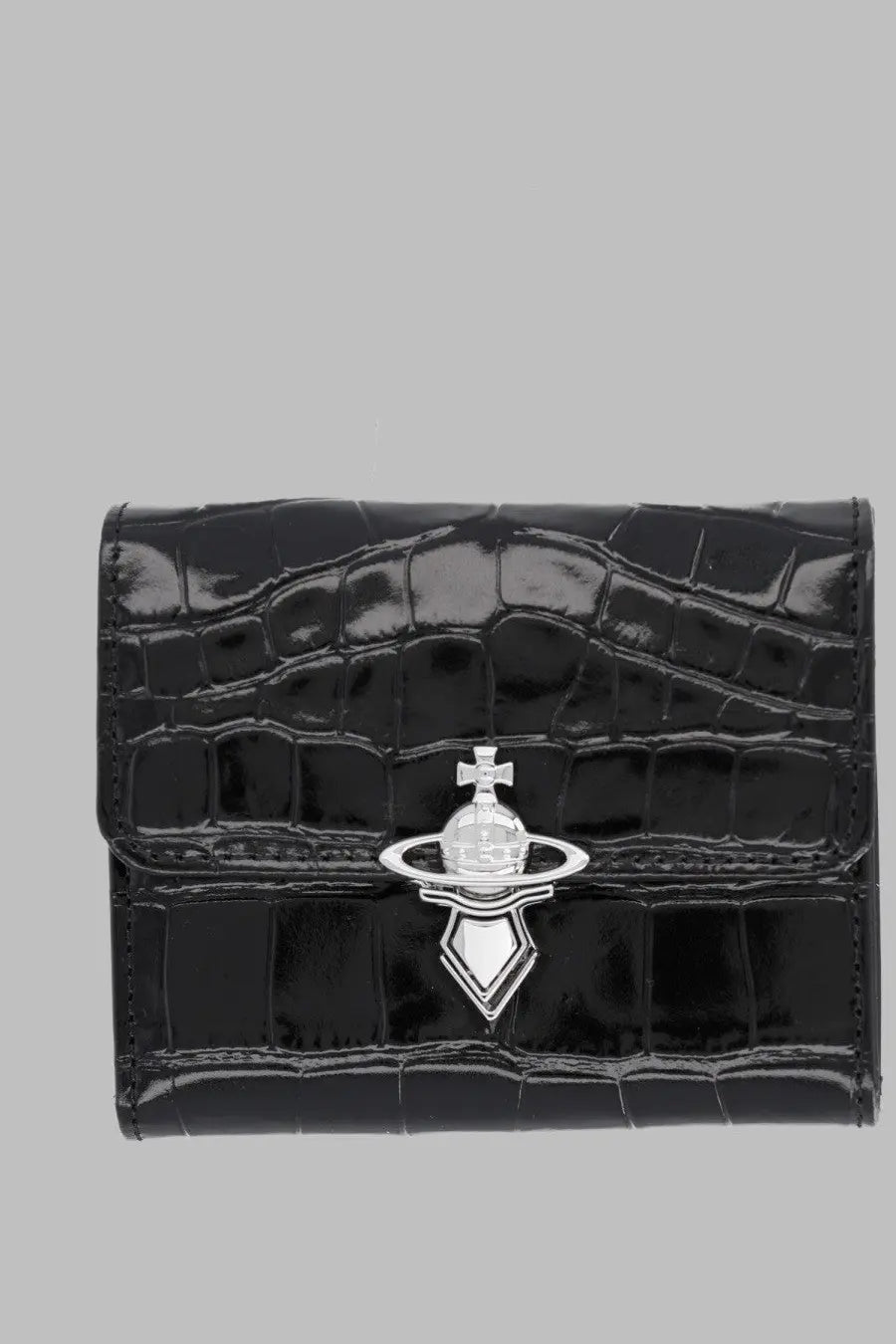 Vivienne Westwood women’s black crocodile embossed wallet with silver orb logo clasp portafoglio style