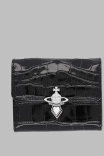 Vivienne Westwood women’s black crocodile embossed wallet with silver orb logo clasp portafoglio style