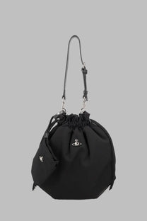 Vivienne Westwood women’s black drawstring bucket bag with silver logo and adjustable strap pouch con coulisse