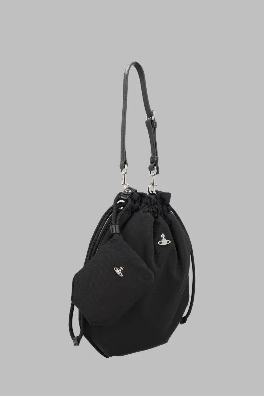 Vivienne Westwood women’s black drawstring bucket bag with minimalist design and silver-toned logo embroidery