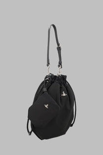 Vivienne Westwood women’s black drawstring bucket bag with minimalist design and silver-toned logo embroidery