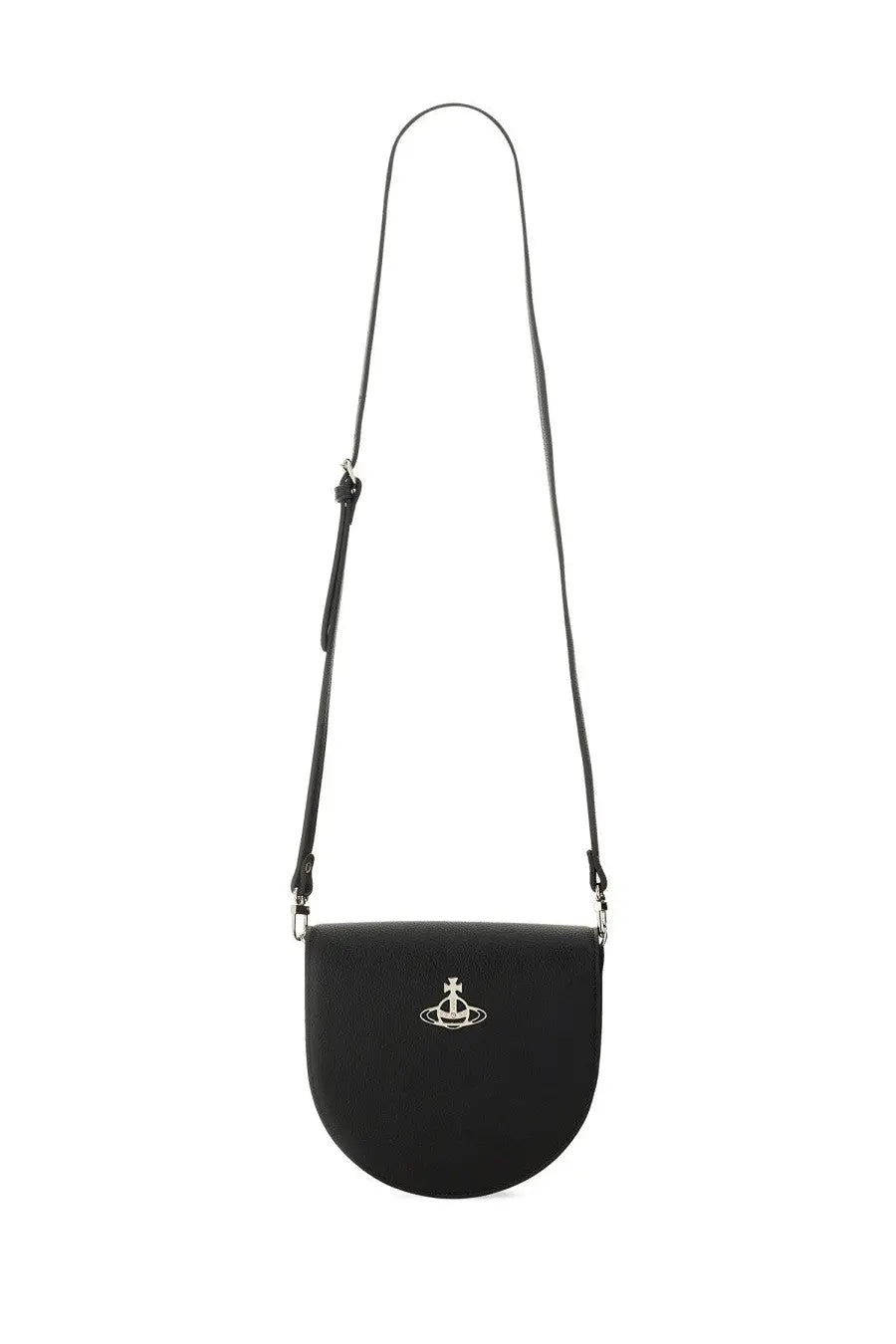 Vivienne Westwood women’s black leather crossbody bag with silver orb logo on the front for shoulder use