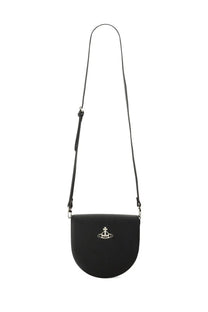 Vivienne Westwood women’s black leather crossbody bag with silver orb logo on the front for shoulder use