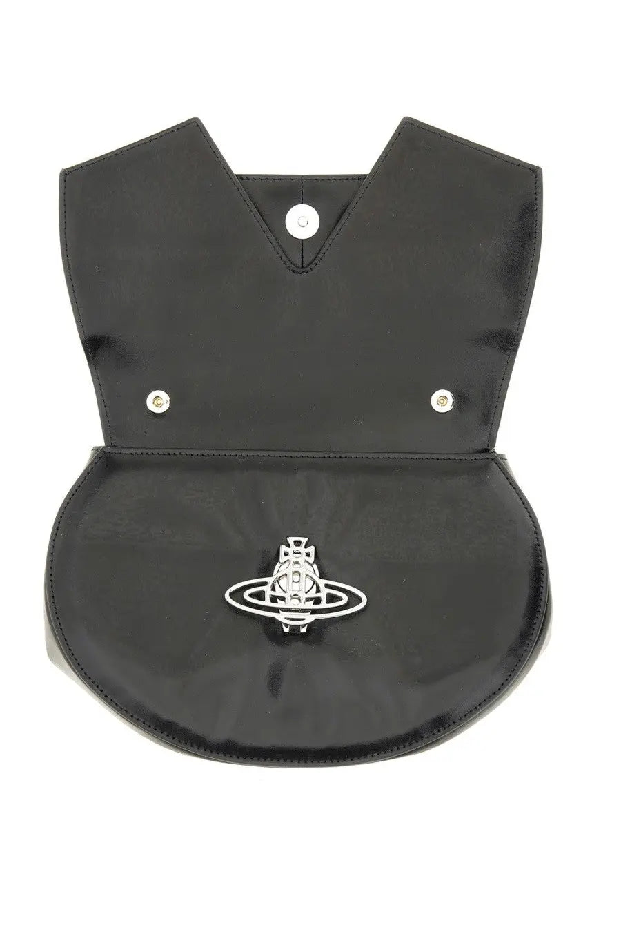 Vivienne Westwood women’s black glossy nylon shoulder bag clutch with silver orb logo clasp Sadie design