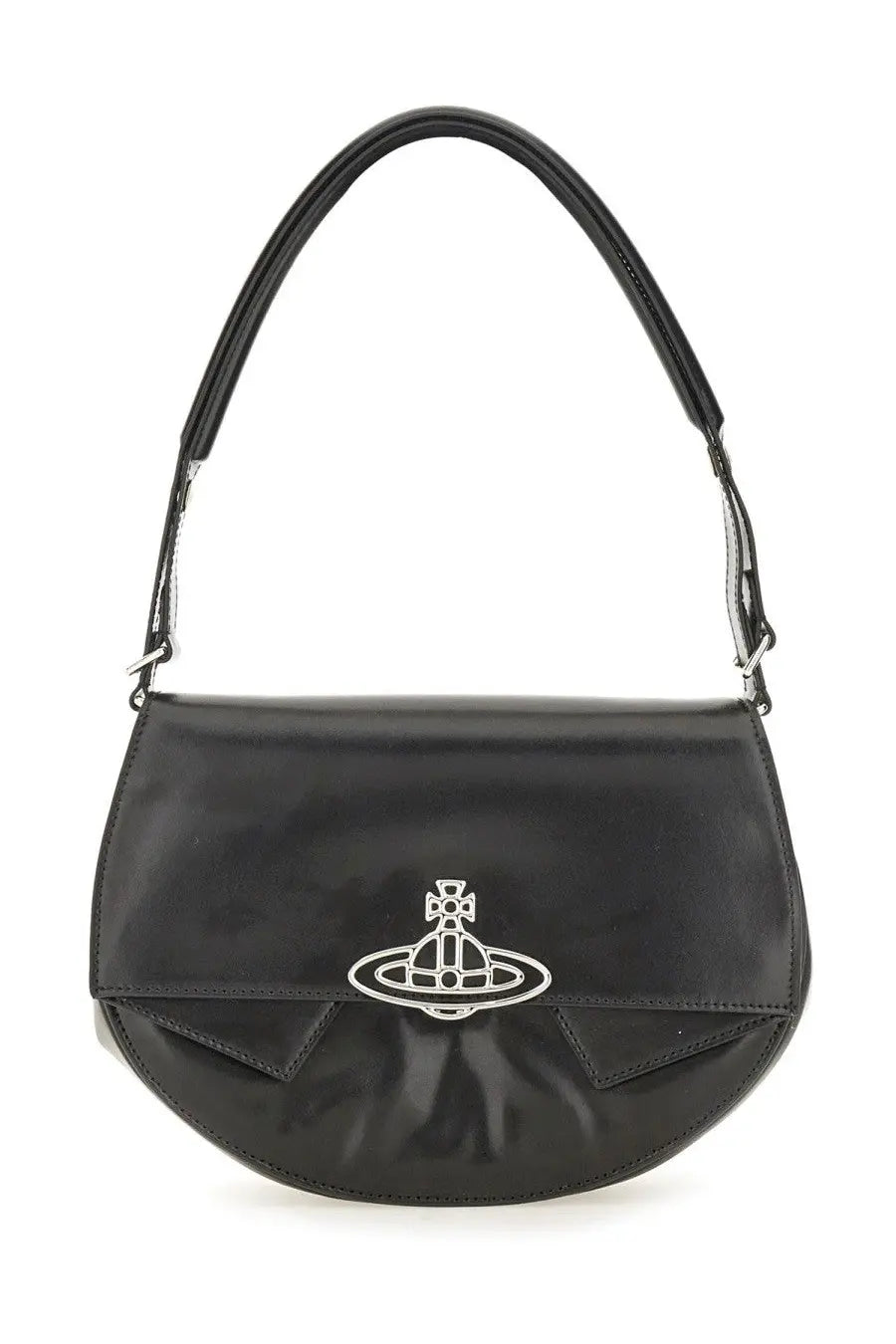 Vivienne Westwood women’s shoulder bag Sadie black glossy patent leather with silver orb logo clasp and curved handle