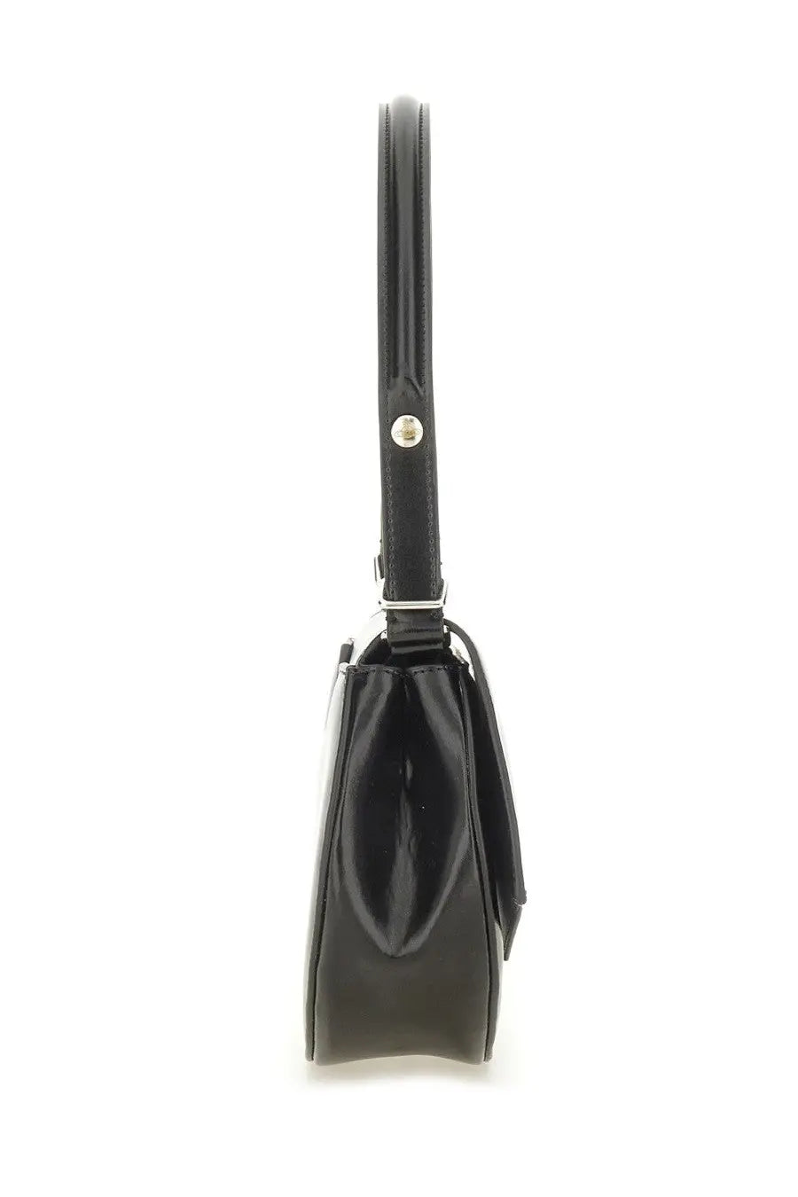Vivienne Westwood women’s shoulder bag Sadie in black patent leather with sleek minimalist design and silver hardware