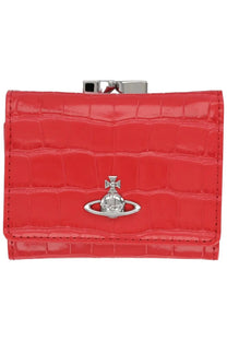 Vivienne Westwood women’s small frame portfolio red croc-embossed patent leather mini clutch with silver planet logo clasp