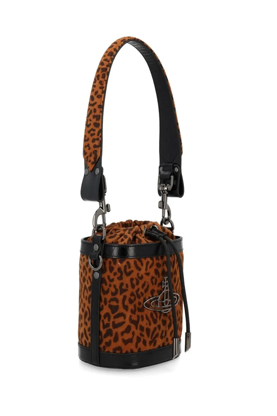 Vivienne Westwood women’s small kitty bucket bag in brown leopard print with black leather trim and shoulder strap