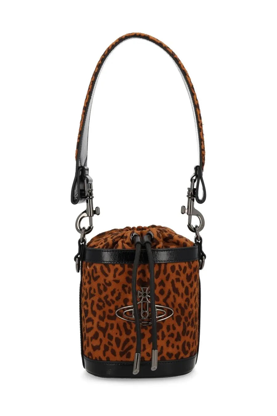 Vivienne Westwood women’s small kitty bucket bag with leopard print, black leather trim, and silver orb logo
