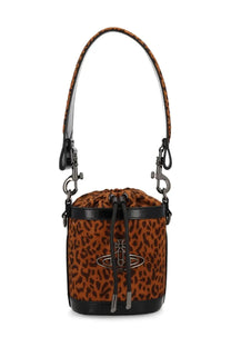 Vivienne Westwood women’s small kitty bucket bag with leopard print, black leather trim, and silver orb logo