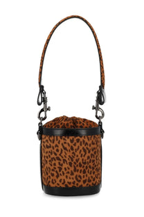 Vivienne Westwood women’s small kitty bucket bag in tan and black leopard print with black leather trim and drawstring top
