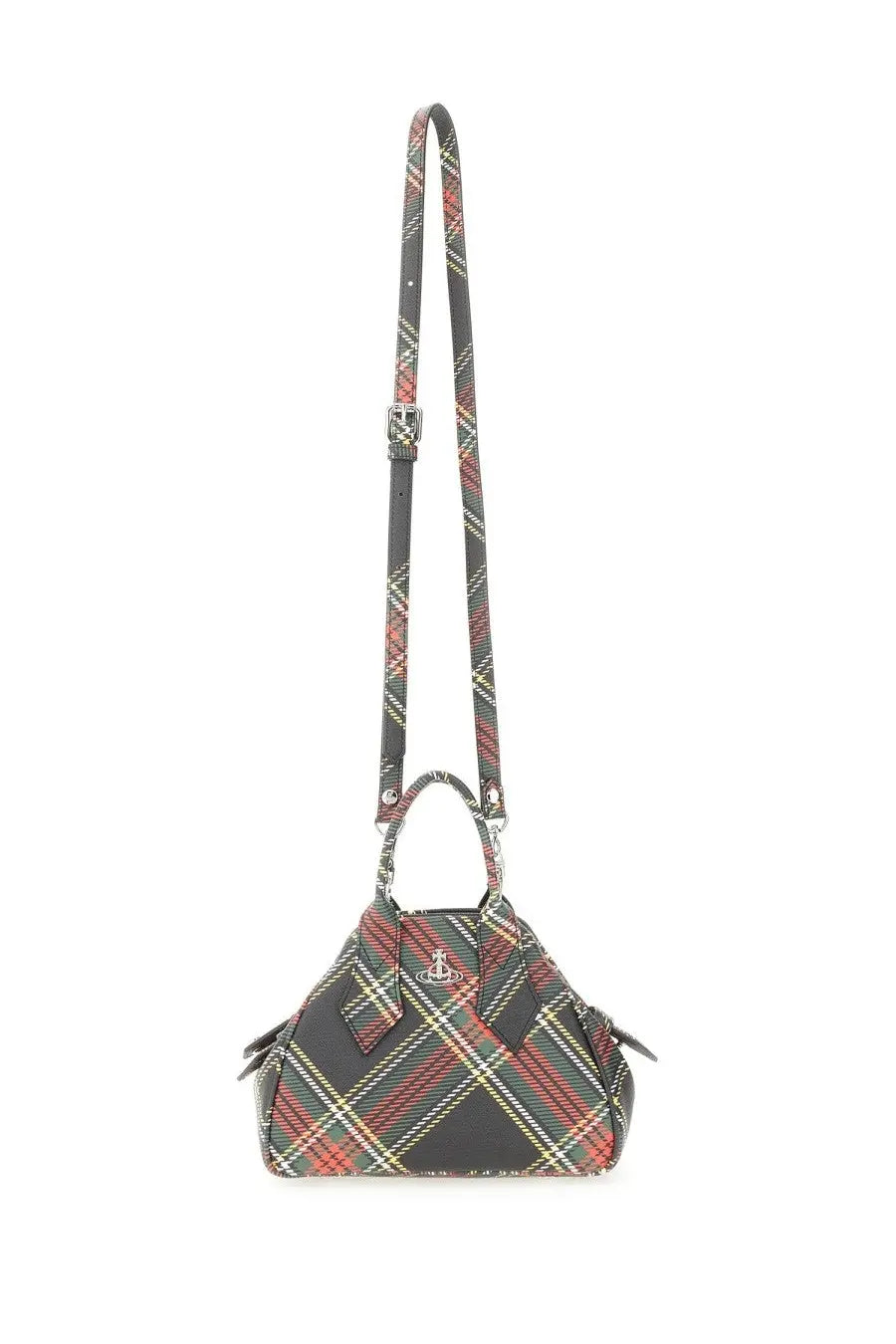 Vivienne Westwood women’s small yasmine bag in black and red plaid with silver hardware and matching strap