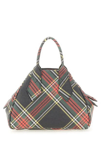 Vivienne Westwood women’s small yasmine bag in black red green and yellow plaid with structured shape and top handles
