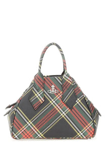 Vivienne westwood women’s small yasmine bag with bold red green yellow plaid and white stitching on dark base