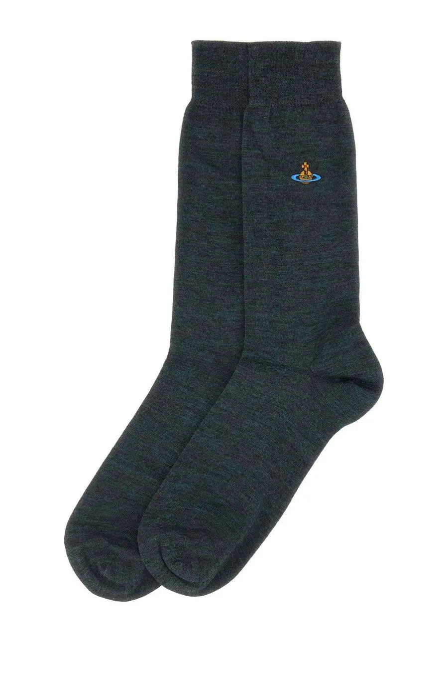 Vivienne Westwood women’s dark heather gray crew socks with small embroidered logo on the ankle in front view