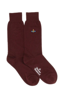 Vivienne Westwood women’s red crew socks with small embroidered logo on ankle and white branding near toe