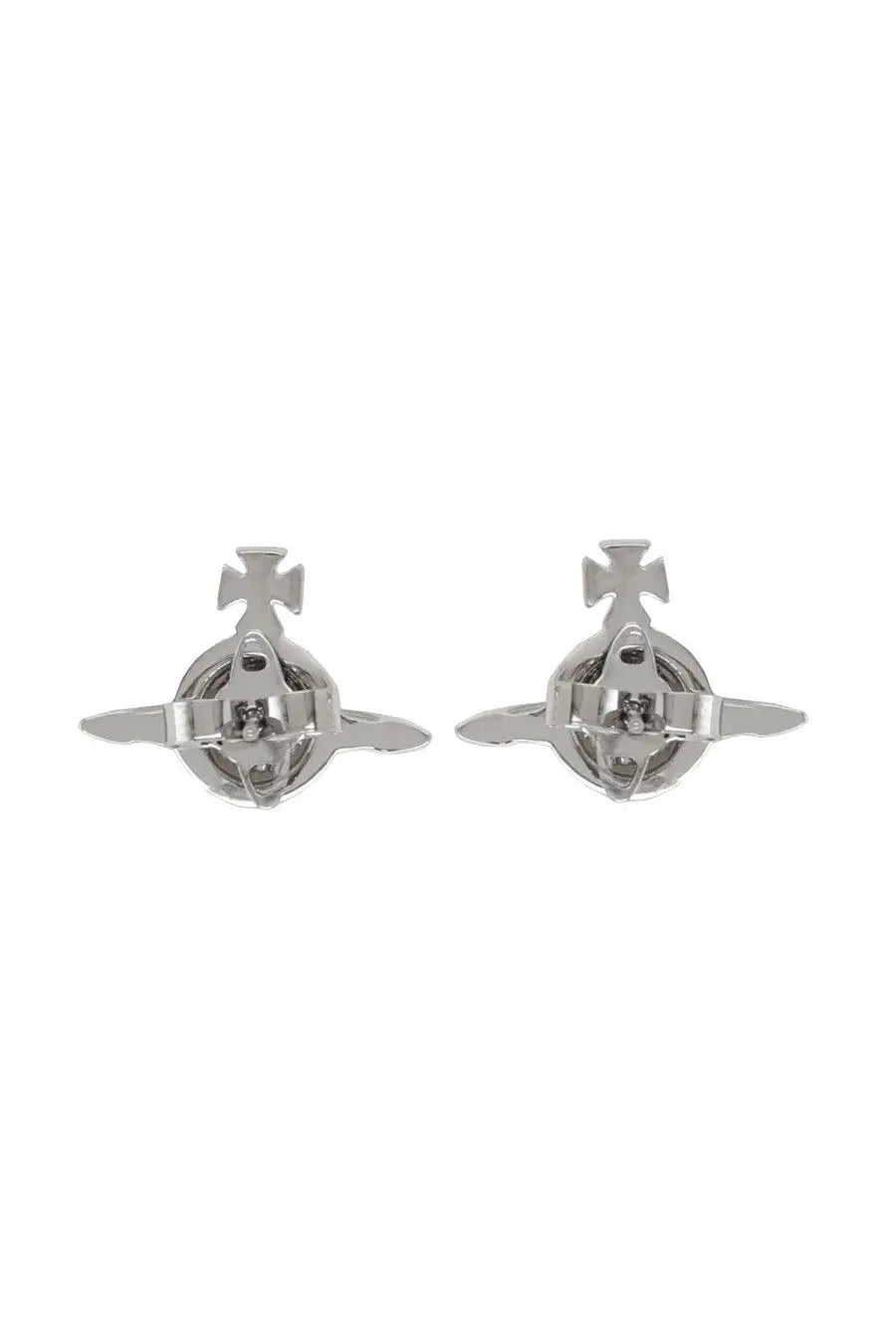 Vivienne Westwood women’s solid orb silver earrings with circular design crossed wings and central cross motif