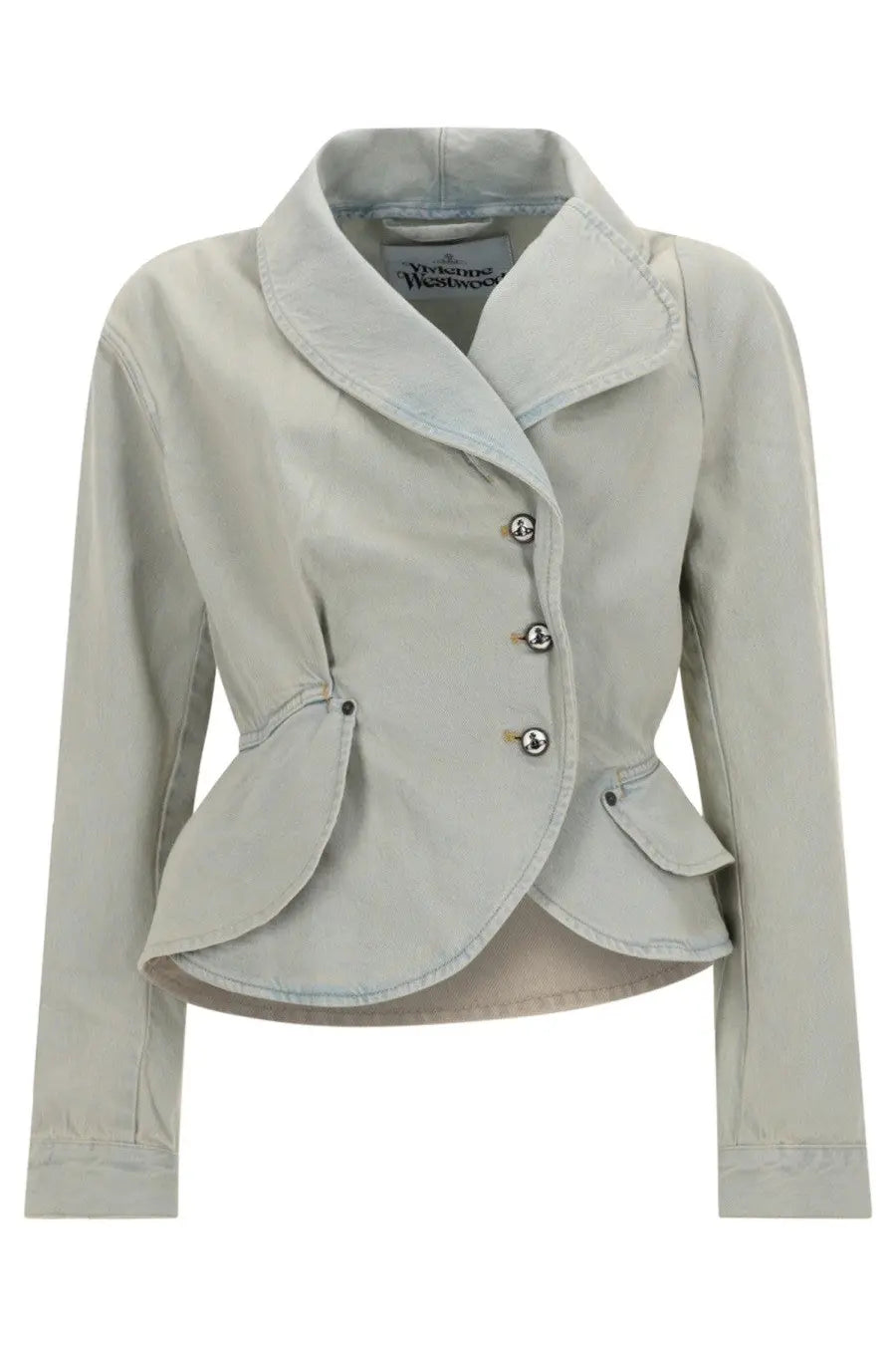 A light gray structured blazer with notched collar and peplum hem styled with vivienne westwood stormy denim jacket blue