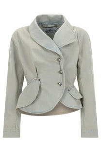 A light gray structured blazer with notched collar and peplum hem styled with vivienne westwood stormy denim jacket blue
