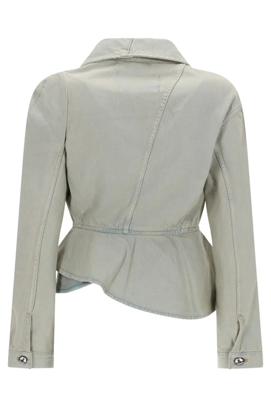 A light gray peplum jacket with a structured collar and buttoned cuffs from vivienne westwood women’s stormy denim jacket blue collection