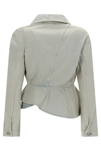 A light gray peplum jacket with a structured collar and buttoned cuffs from vivienne westwood women’s stormy denim jacket blue collection