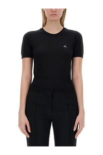 Vivienne Westwood women’s black short-sleeved knit top with small embroidered logo on the left chest
