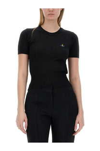 Vivienne Westwood women’s black short-sleeved top with subtle ribbed texture and small embroidered logo on left chest